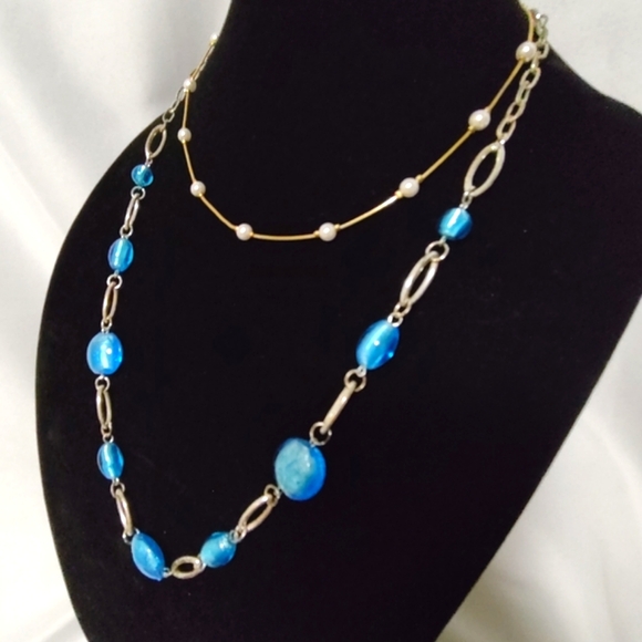 SALE ! Necklaces Blue Polished Glass & Silver necklace & Gold & White necklace 2 - Picture 7 of 9